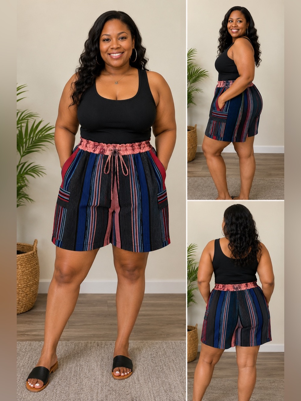 Aso Oke Cargo Shorts with Drawstring Waist - Black Multi
